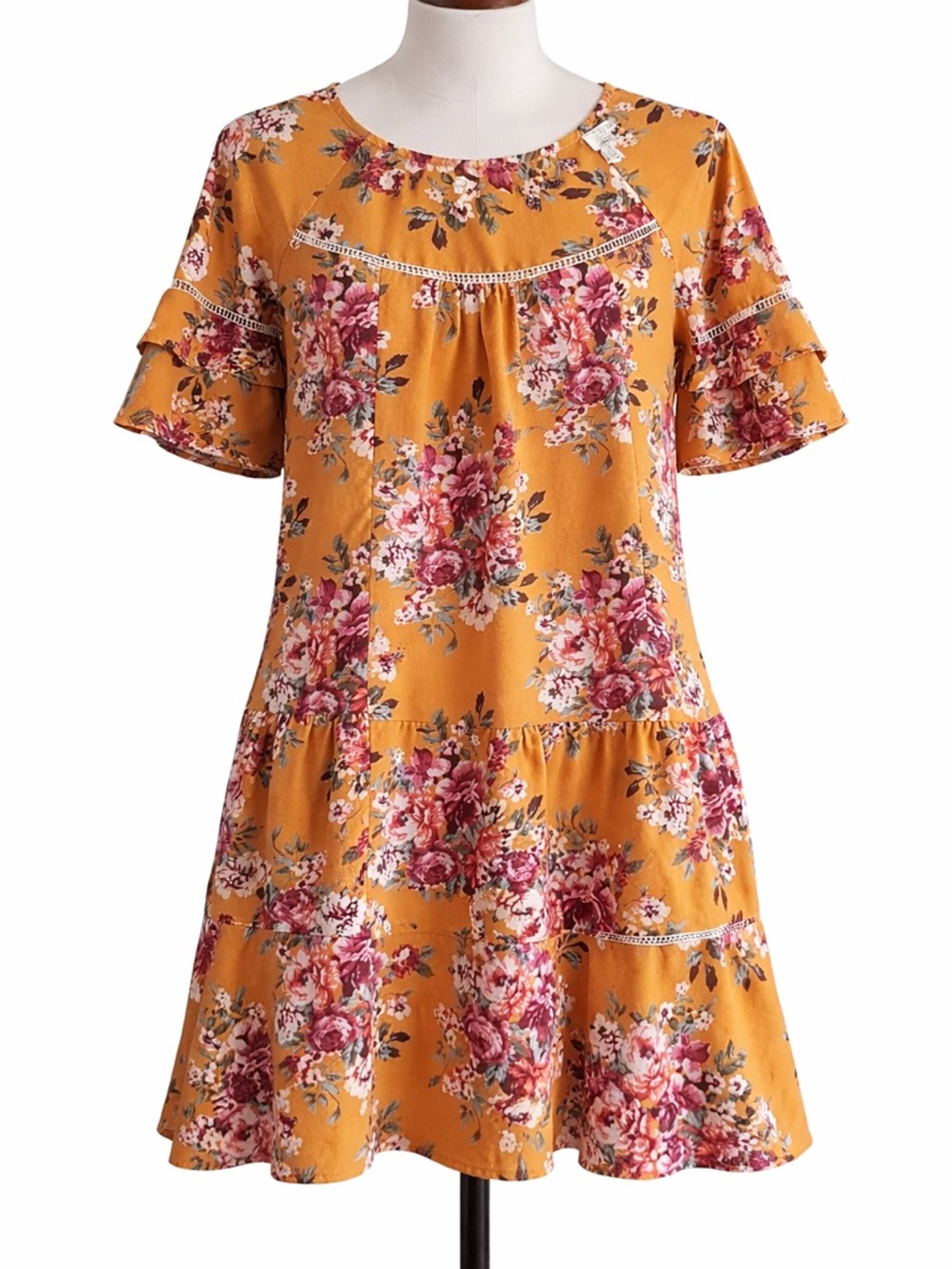 Umgee Mustard Floral Ruffle Mini Dress